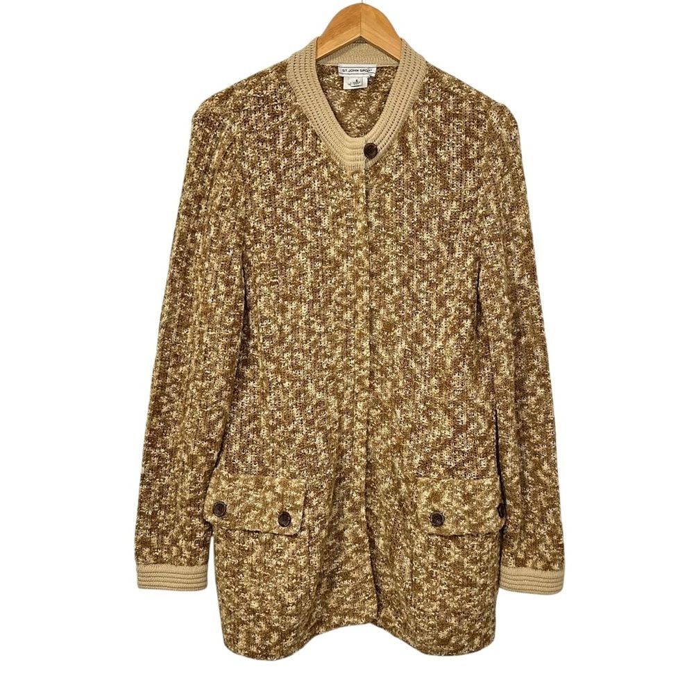 St John Sport Womens Tweed Long Cardigan Jacket Sz Small Tan Button Up Pockets